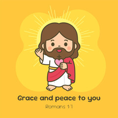 Radiant Cartoon Jesus with Raised Hand Blessing Gesture on Warm Yellow Background