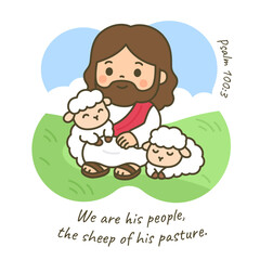 Cartoon Jesus Sitting with Sheep in Lush Pasture Under Gentle Blue Sky