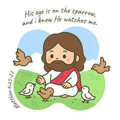 Cartoon Jesus Surrounded by Birds on Grassy Hill with Comforting Verse