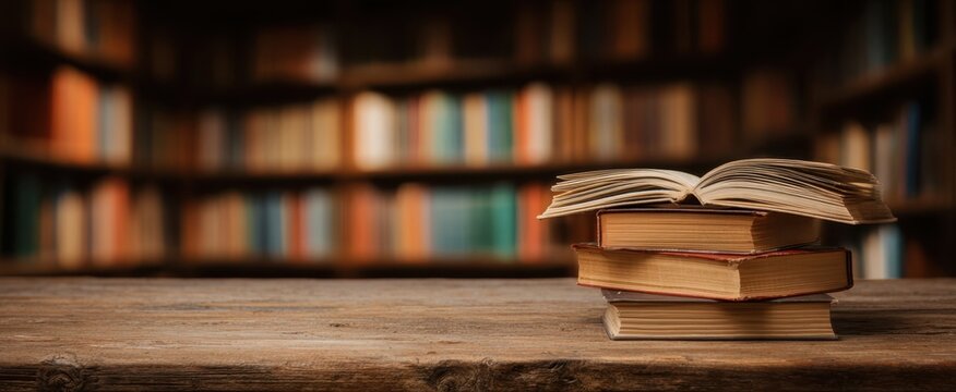 The stack of books on a wooden table in a cozy library setting.