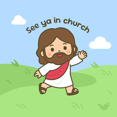 Smiling Cartoon Jesus Walking Outdoors Waving on a Sunny Church Day