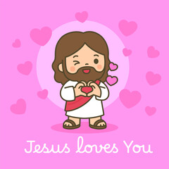 Smiling Cartoon Jesus Surrounded by Floating Hearts on Pink Background of Love