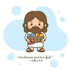 Cartoon Jesus Holding Basket of Loaves and Fish in Gentle Blue Surround