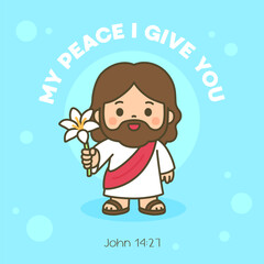 Gentle Cartoon Jesus Offering White Flower with Soft Blue Peaceful Atmosphere