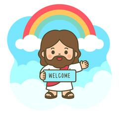 Cheerful Cartoon Jesus with Welcome Sign and Rainbow Over Heavenly Clouds