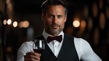 A well-dressed man raising a glass of fine wine, exuding sophistication and charm, set in an ambient environment that enhances the allure of the moment.