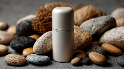 Matte Roll-On Deodorant Mockup on Smooth Pebble Background – Natural and Minimalist Personal Care Product Display