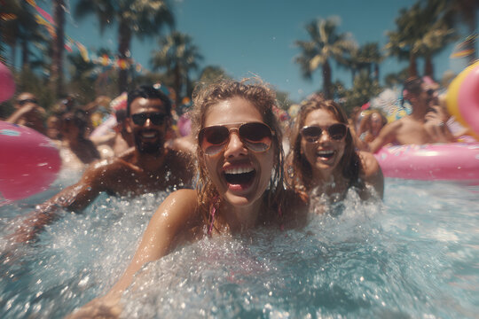Summer pool party scene with colorful floaties and accessories