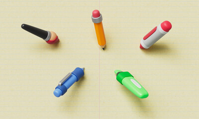 필기 도구 펜, 연필, 붓,형광펜,크레파스  Stationery Tools, Pen,Pencil, Brush, Highlighter and Crayon