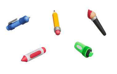 필기 도구 펜, 연필, 붓,형광펜,크레파스  Stationery Tools, Pen,Pencil, Brush, Highlighter and Crayon
