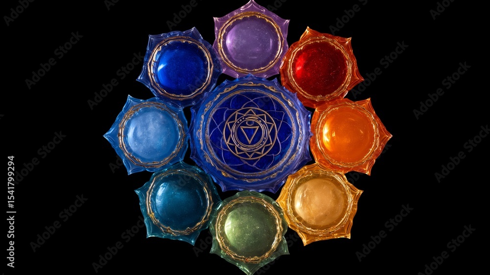 Poster Chakra energy symbols represented in vibrant colors arranged in a circular pattern with intricate details