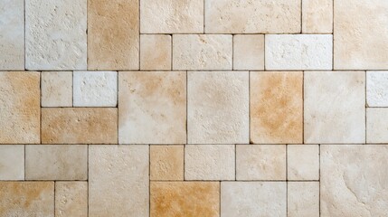 Naklejka premium Beige travertine tiles in varied rectangular pattern with natural porous texture