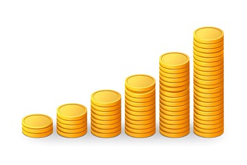 Ascending Stacks of Gold Coins on White Background Illustrating Financial Growth or Investment Success Showing a Gradual Increase in Wealth Depicting a Positive Financial Trend with Shiny Golden
