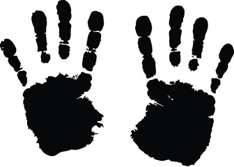 Two imperfect child's black handprints are placed side by side against the stark white background