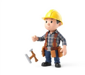 Cartoon construction worker in checkered shirt & yellow hardhat. Tools hang from his belt. A hammer floats nearby