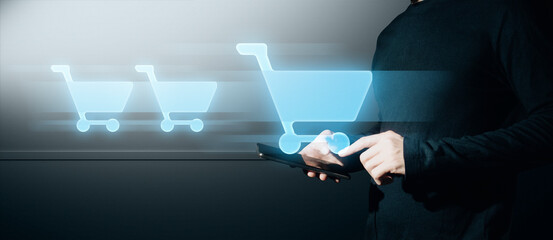 hand of businessman interactive touching a holographic of transaction financial network data...