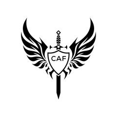 CAF Black and White Heraldic Emblem with Wings and Sword, CAF Later Logo, Guardian Angel Sword and Shield Tribal Vector, Winged Sword and Shield Logo Design with Tribal Style. 
