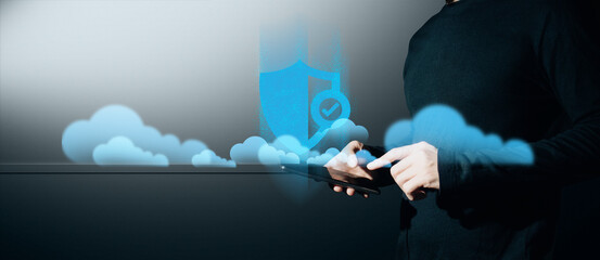 hand of businessman interactive touching a holographic of transaction financial network data...