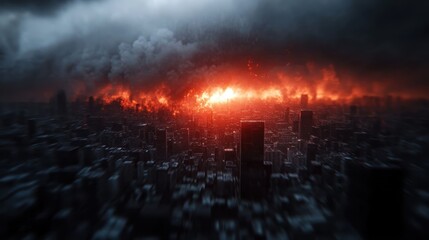 A dramatic scene captures an urban landscape engulfed in flames and smoke, illustrating a sense of chaos and destruction in a dystopian setting filled with vivid colors.