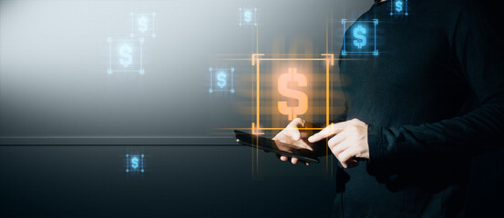 hand of businessman interactive touching a holographic of transaction financial network data...