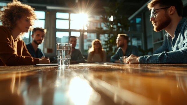 A group of professionals engaged in a creative meeting at a sunny workspace reflects collaboration, innovation, and the exchange of ideas, emphasizing teamwork and communication.