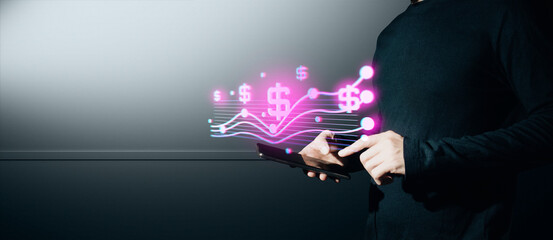 hand of businessman interactive touching a holographic of transaction financial network data...