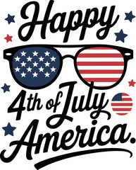 Classic happy 4th of July America text with sunglasses, star, and fireworks theme in clean layout  