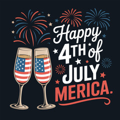 Naklejka premium Champagne glasses clinking with fireworks and modern happy 4th of July Merica text in dark theme 