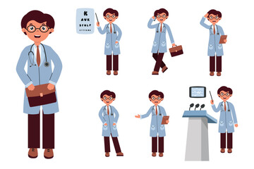 Characters representing a confident healthcare professional engaged in various activities in a medical setting. Set of doctor characters in flat style on white background.