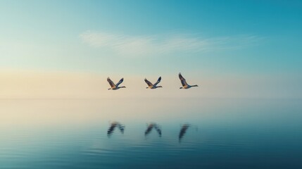 blue sky,The Yellow River flows into the sea, and three wild gooses fly over it with their wings outstretched. The background is an endless lake surface

