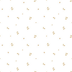 Musical notes watercolor pattern, beige stars. Hand drawn illustration symbol. Seamless print in children's style background for textiles, fabrics, wallpaper, concert program, stationery, invitation