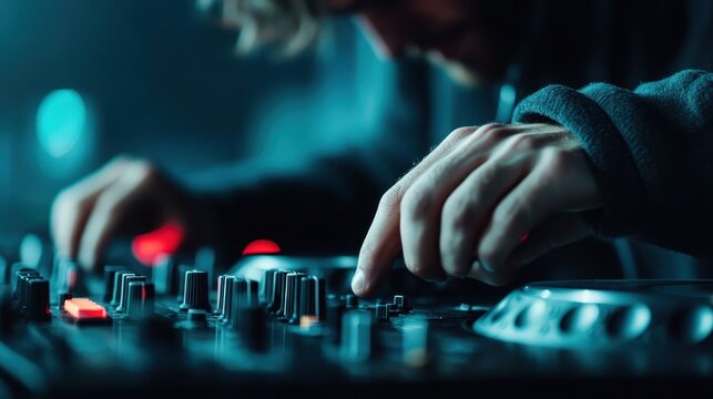 A DJ intensely focused on mixing tracks at a nightclub, showcasing vibrant lighting and an energetic atmosphere, embodying the pulse of nightlife and club culture.