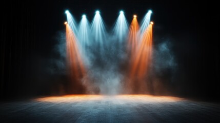 A visually striking stage scene with dynamic lighting effects in shades of blue and orange, enhancing the ambiance for live performances, photography, or artistic showcases.