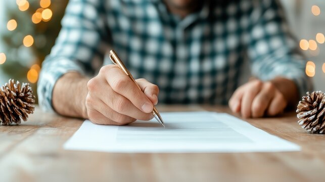 A man in a plaid shirt concentrating on writing a document at a wooden table, reflecting a cozy holiday atmosphere, signifying productivity during festive times. - Powered by Adobe