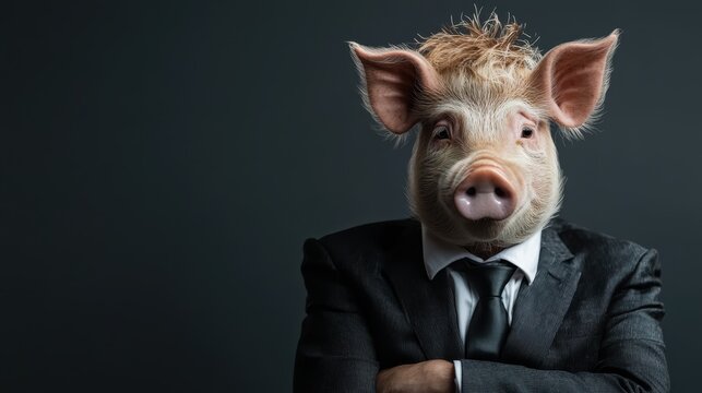 A businessman wearing a pig mask evokes humor and irony, blending a whimsical touch with the serious world of corporate attire, challenging perceptions in a playful manner.