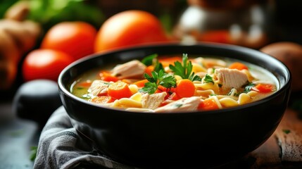 A warm bowl of chicken noodle soup filled with fresh vegetables, inviting flavors, and comforting aromas, capturing the essence of homemade cooking at its most delightful.