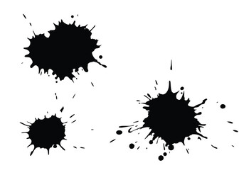 Three black ink blots splattered randomly create an abstract effect on clean white backdrop