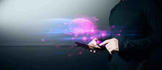 hand of businessman interactive touching a holographic of transaction financial network data...
