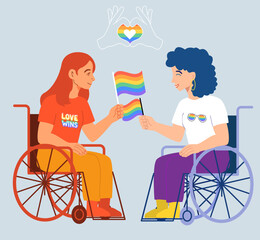 LGBTQ Women in Wheelchairs Holding Pride Flags. Inclusive Vector Illustration.