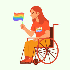 LGBTQ Woman in Wheelchair Holding Pride Flag Vector Illustration.