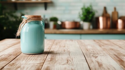 A charming, rustic jug sits on a wooden table in a cozy kitchen setting, capturing the essence of simplicity and warmth in home decor.