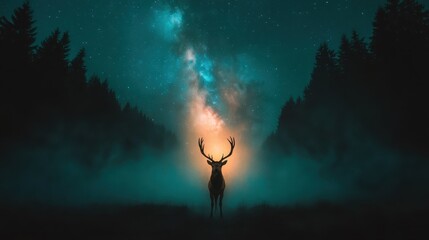 Fototapeta premium A majestic stag stands silhouetted against a starlit sky, embodying the beauty and mystery of nature in an enchanting forest setting at night.