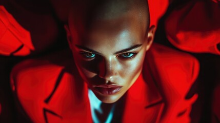 A captivating portrait of a bald model in a striking red suit exuding confidence, with piercing blue eyes, demonstrating boldness through fashion and modern artistic expression.