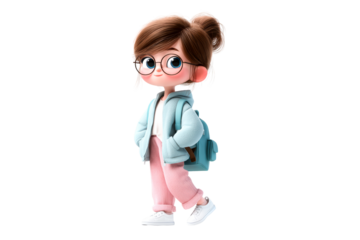 Young girl with backpack ready for school on transparent background