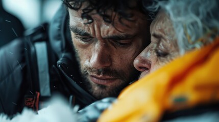 Fototapeta premium A heartfelt moment of closeness is captured between a man and an elderly woman, infused with emotion amidst a chilling backdrop, symbolizing warmth and humanity during tough times.