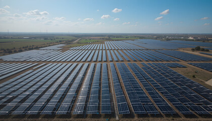 Aerial perspective of solar arrays in Teruel, Spain, illustrating large-scale clean energy production. Sustainable technology for environmental progress