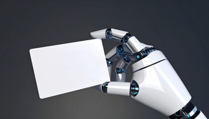 Robot hand holding a blank card symbolizes digital identity, smart authentication, and future of human-machine interaction in secure systems