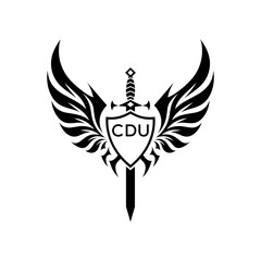 CDU Black and White Heraldic Emblem with Wings and Sword, CDU Later Logo, Guardian Angel Sword and Shield Tribal Vector, Winged Sword and Shield Logo Design with Tribal Style. 
