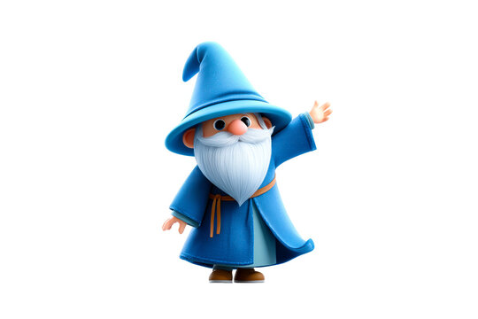 Colorful cartoon wizard with blue robe and hat waving cheerfully