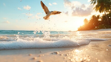 A seagull gracefully takes flight above the sparkling ocean waves at sunset, capturing the essence of freedom and the beauty of nature on a serene beach landscape.